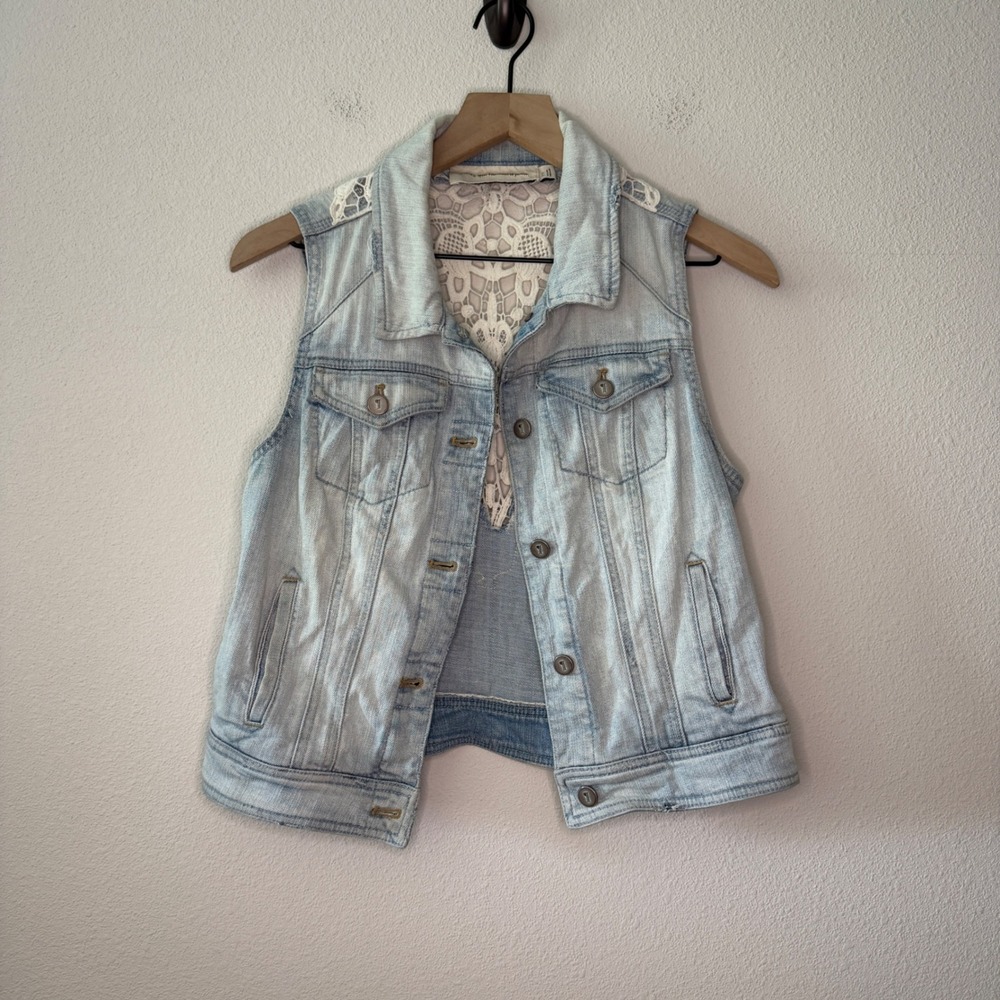 PILCRO Womens Cotton Crochet Lace Back Denim Vest Size S Boho Festival Western